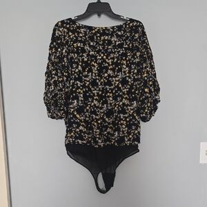 Free People Black and Yellow Floral Bodysuit